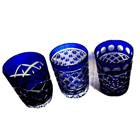 Edo Kiriko Czech Bohemian Glass~Cobalt Blue Glass Set of 3 Vintage Mid Century